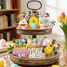 一套手工木制多层复活节兔子托盘装饰，喜庆的兔子和彩蛋设计，春季家居餐桌中心摆件，无需用电，是复活节庆祝活动和派对的理想之选