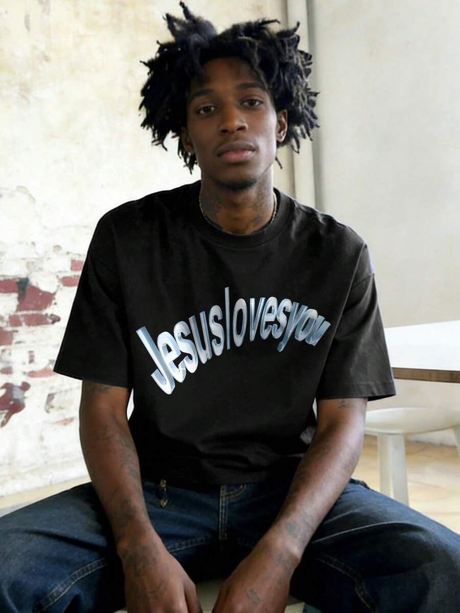 Men's Simple "Jesus Loves You" Print Round Neck Short Sleeve T-Shirt, Summer - Black - View 1