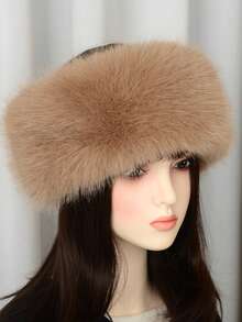 1pc Autumn/Winter Plush Solid Beanie Hat, Thickened Faux Fur Trim Warm Hat With Loop, Women