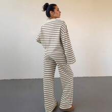 Women's Soft Color-Matching Stripe Long Sleeve Top & Wide-Leg Trousers Co-Ord, Minimalist Two Piece Outfits - 棕色 - 查看 2