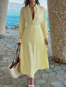 Unadoll Women's Half-Open Collar Button Design Waist Elegant Dress, Suitable For Dates, Outings, Thanksgiving, Commuting, Christmas And Other Occasions - Yellow - View 1