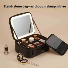 1pc 600mAh Black Travel Makeup Bag With Mirror, Large Capacity Cosmetic Storage Box, Portable Travel Makeup Bag With LED Light, Makeup Mirror, Lighting, LED Light, Night Light, Illumination, Travel Organizer Accessory, Makeup Case, Large Capacity Cosmetic Organizer Box, Makeup Box, Can Store Lipstick, Brushes, Skincare, Phone, Coins, Small Items, Suitable For Home, Gift, Vacation, Holidays (Halloween, Christmas), Bohemian Style
