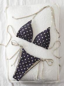 波点印花露背吊带比基尼套装，性感欧美风度假海滩夏季装扮 - 香檳色 - 查看 2