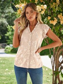 Summer Boho V Neck Floral Ruffle Cute Sweet Casual Beach Vacation Outfits Blouse - Màu be - Xem 6