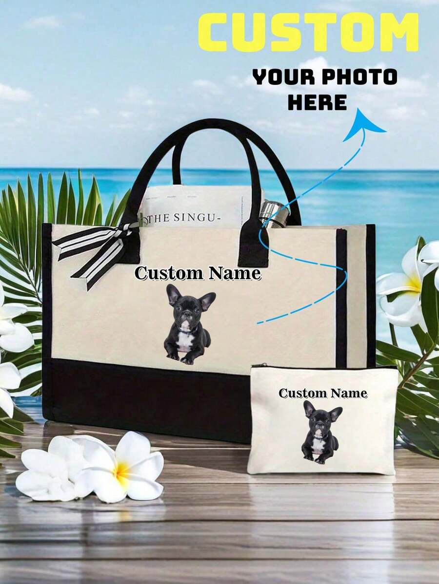 A Two Pieces Personalized Custom Dog Photo Tote Bag And Makeup Bag Set. A Cute Dog-Themed Gift. A Small Travel Makeup Bag Suitable For Pet Lovers. A Zipper Bag Suitable For Teenagers, Daughters And Sisters. An Interesting Pet Gift. A Decorative Makeup Storage Bag For Birthdays And Christmas. Makeup Storage Bag - Multicolor - View 1