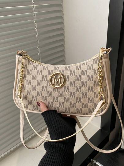 2026 New Fashion Classic PU Waterproof M Letter Print Design Metal Chain Decor Shoulder Crossbody Bag. Suitable For Shopping, As A Wallet, For Students, Young Women, And Working Women. Perfect For Office, University, Work, Business, Commuting, Outdoor Activities, Travel And Picnics.