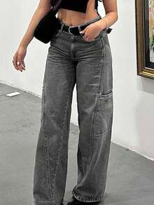 Women's Mid-Rise Button Fly Loose Fit Jeans - Casual Fashion Denim Pants - Autumn Apparel - Grey - View 6