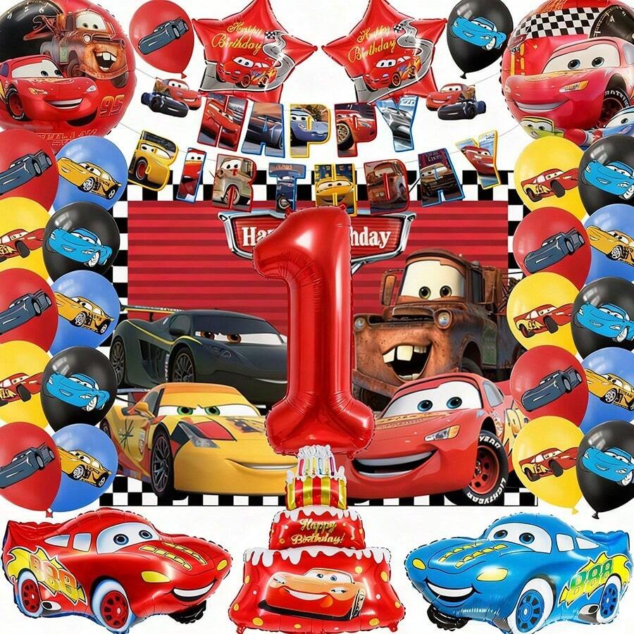 22pcs Cars Birthday Decoration Set Featuring And Mater-Themed Backdrop, Red Number Foil Balloons, Red And Blue Race Car-Shaped Balloons. Birthday Party Decoration, Racing-Themed Kids' Scene Decor, Creating An Immersive Car-Themed Celebration Atmosphere, Birthday Party Setup, Backdrop Wall Decoration. - Multicolor - View 1