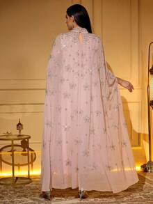 Elegant Rose Pink Robe With Beaded Embroidery, Stand Collar Long Batwing Sleeve Design, Woven Fabric, Non-Stretch, Flowing Drape - Pink - View 2