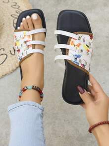 Women's Butterfly Print Rivet Decor Open Toe Slip-On Flat Sandals, Casual Fashion Summer, Printed Fabric & PU Leather Personalized Slippers - White - View 1
