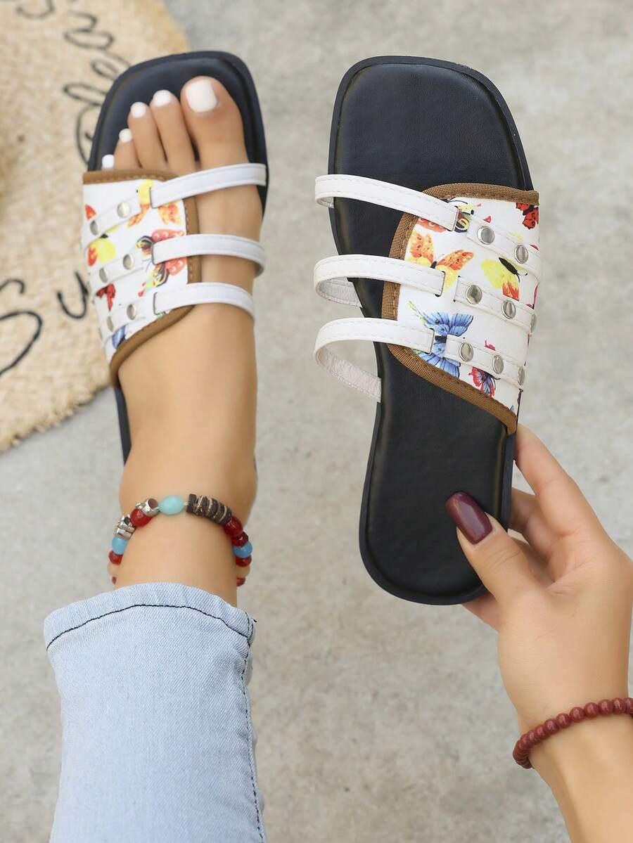 Women's Butterfly Print Rivet Decor Open Toe Slip-On Flat Sandals, Casual Fashion Summer, Printed Fabric & PU Leather Personalized Slippers - White - View 1