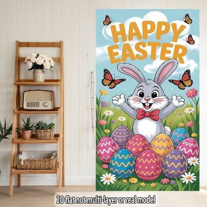 2Dflat - 1pc Happy Easter Bunny Banner With Colorful Eggs And Butterflies | Polyester Door Curtain, Party Decoration, Suitable For Seasonal Porch Decoration