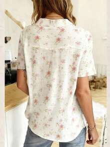 Áo sơ mi cài cúc phía trước bằng polyester họa tiết hoa nhí, trang phục thường ngày cho mùa xuân và mùa hè. - trắng - Xem 3