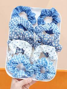 5个/套蓝色碎花、波点、格子发圈 - 3种款式：波点、格子、雏菊 - 适合女孩，适合日常、派对、复古、甜美和校园风格 - 彩色 - 查看 4
