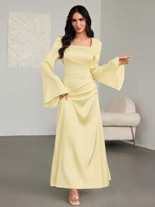 Women's Spring/Summer Fashionable & Elegant Yellow Satin A-Line Dress – Square Neckline, Flared Sleeves, Irregular Pleated Design, Ideal For New Year Gowns, Romantic Dates & Party Wear