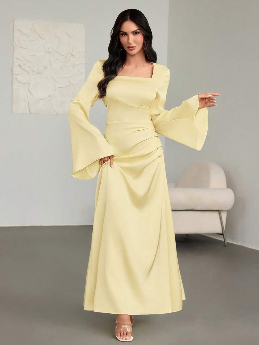 Women's Spring/Summer Fashionable & Elegant Yellow Satin A-Line Dress – Square Neckline, Flared Sleeves, Irregular Pleated Design, Ideal For New Year Gowns, Romantic Dates & Party Wear