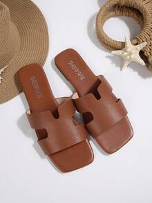 1 Pair Vacation Style Color Block Slip-On Sandals, Women's Flat Square Toe Beach Slides, Linen Pattern Flip Flops, Versatile For Summer - Brown - View 3