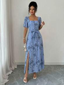 Long Floral Dress, Spring/Summer Style, Evangelical Fashion, With Elastic Waistband And Removable Tie Belt. - 藍色 - 查看 3