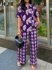 2pcs/Set Women's Casual Bohemian Style Outfit, V-Neck Short Sleeve Printed Blouse Paired With Diamond Pattern Wide Leg Pants - Purple - View 1