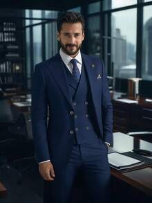 2026 Trending Men's 3-Piece Suit Set - Peak Lapel Blazer, Vest & Dress Pants | Classic Solid Formal Wear For Wedding Guest, Business & Prom (Easy-Care Poly-Viscose Blend) - 藍色 - 查看 10