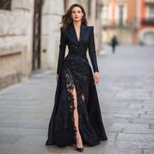Women's Dress Heavy Industry Elegant Temperament Fresh Long Sleeve Right Angle Shoulder Button Lapel Deep V-Neck Suit Jacket Lace Embroidery Slit Sexy Dress - màu đen - Xem 8