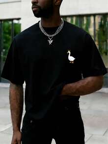 Men's Minimalist Duck Letter Print Round Neck Short Sleeve T-Shirt, Summer - Black - View 2