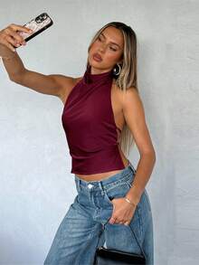 Women's Halter Neck Satin Tank Tops Mock Neck Sleeveless Backless Shirts Solid Color Slim Fit Crop Tops Summer High Neck Vest Camisoles Holiday Beachwear Party Clubwear - 紅色 - 查看 2