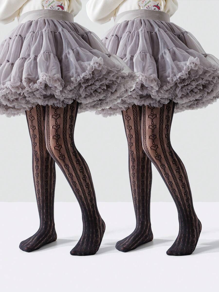 1/2件装 女童公主黑色爱心镂空网眼连裤袜，透气柔软，适合日常穿着、节日、情人节 - 黑色 - 查看 1