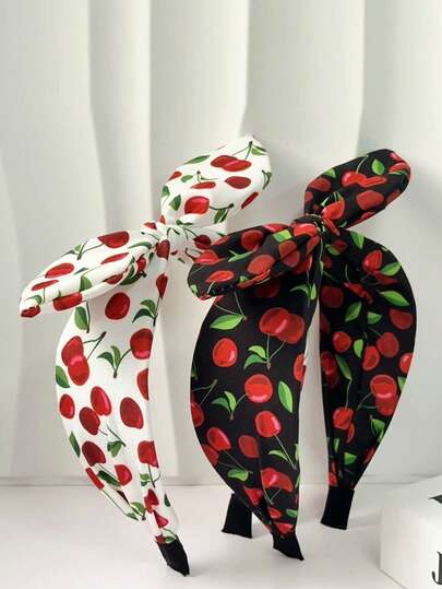 1pc/2pcs Summer Women Sweet Cute Fabric Cherry Print Rabbit Ear Wide-Banded Headband, High Crown Pressure Hair Accessory Headwrap, Suitable For Dresses, Beach Vacation, Daily Outings Hair Decoration Accessories Headpiece Boho Elegant Cute, Hair Band, Hair Hoop Hairband Beauty Home Hair Accessories
