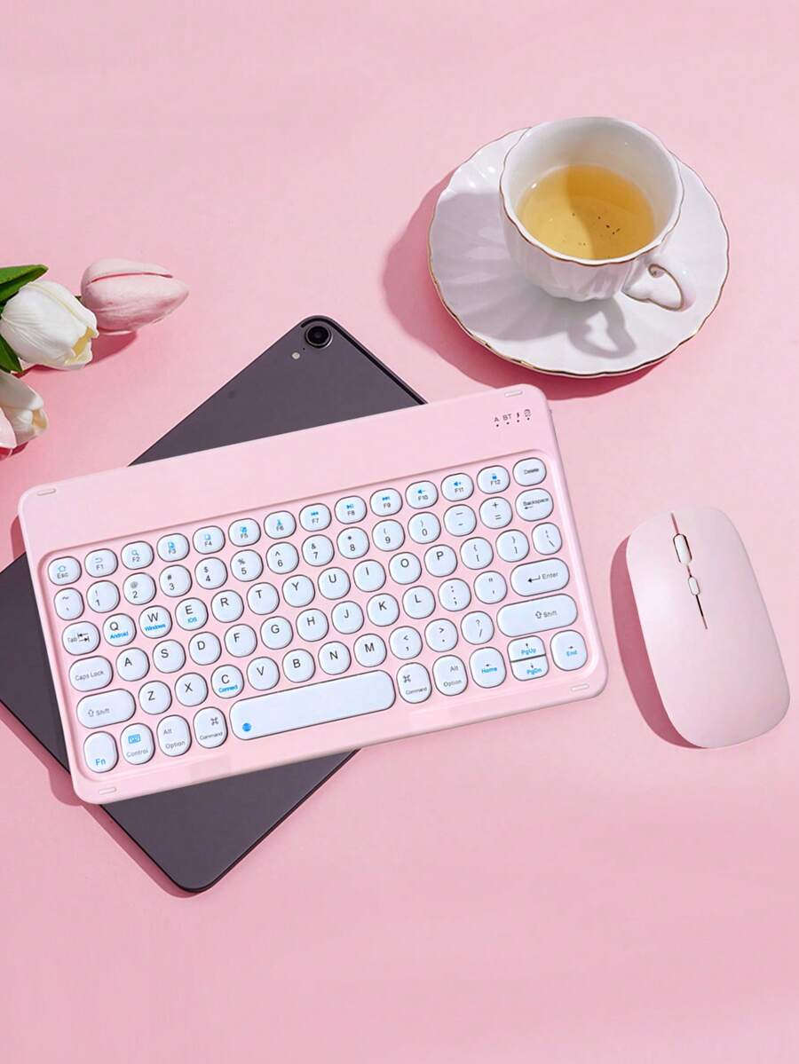 无线键盘鼠标套装，圆帽静音复古迷你键盘鼠标组合，兼容iPad、电脑、手机、平板电脑 - 粉色 - 查看 1