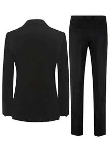 男士修身时尚侧扣黑色西装外套+裤子两件套，适合婚礼/派对等正式场合穿着 - 黑色 - 查看 4