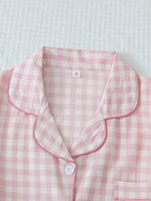两件套格子印花睡衣套装，甜美可爱翻领纽扣上衣和蝴蝶结短裤，女士睡衣和家居服 - 粉色 - 查看 3
