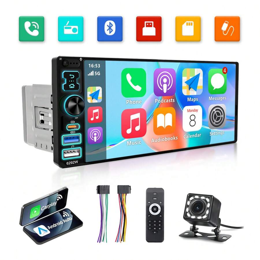 Carsapro Auto Estéreo Pantalla 1Din Táctil Carplay Inalámbrico Android Auto  6.9 Pulgadas estéreo para carro Mirrorlink pantalla Bluetooth FM USB TYPE-C 12 Leds Cámara - L6400 - Ver 1