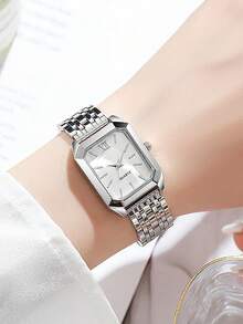 Bộ 6 món đồng hồ đeo tay mô phỏng tuổi teen, dây đeo bạc kiểu dáng sang trọng bằng thép không gỉ, đồng hồ thạch anh kèm dây chuyền, vòng tay, nhẫn và bông tai hình vuông rỗng bằng bạc, vỏ hình chữ nhật, món quà sinh nhật tuyệt vời nhất dành cho phái nữ, phù hợp cho sử dụng hàng ngày, dự tiệc, lễ hội, tựu trường. - Bạc - Xem 3
