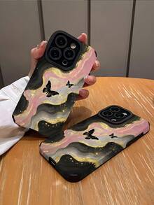 1pc Fashionable Personality Pink & Black Marble Butterfly Print Vertical Striped Faux Leather Soft Protective Phone Case, Suitable As Birthday, Holiday Gift For Friends, Family, Couples, Fits 17/17 Air/17 Pro/17 Pro Max, 16/16 Plus/16 Pro/16 Pro Max, 15/15 Plus/15 Pro - Multicolor - View 2