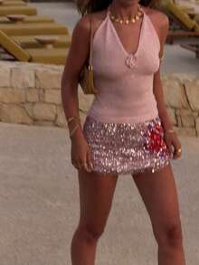 Áo hai dây dệt kim hai mảnh, kiểu dáng mới, gợi cảm, họa tiết hoa rỗng, đính sequin 3D, thích hợp cho mùa hè, hẹn hò, tiệc tùng, kỳ nghỉ. - Hồng - Xem 3