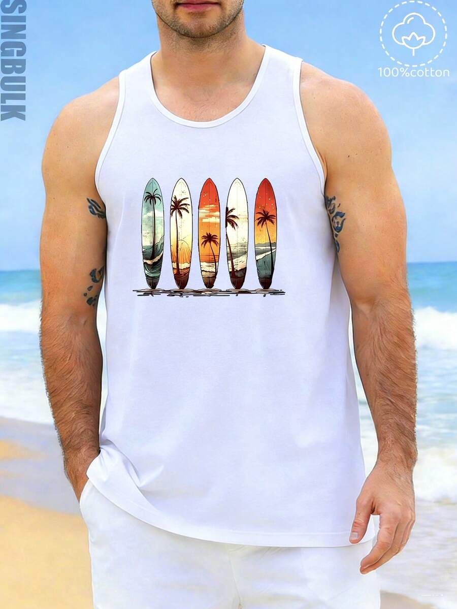 singbulk Men's Cotton Comfy Sleeveless With Beach Palm Trees Print Casual Tank Tops - trắng - Xem 1
