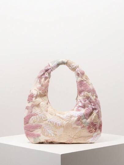 Sequin Embroidered Floral Shoulder Bag, Elegant Ladies Wallet, Party/Prom/Wedding Accessory, Gift For Women, Valentine's Day Gift