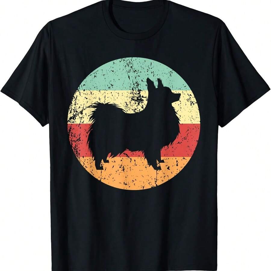 Papillon Dog Breed Silhouette Cool Retro 1970's Circle T-Shirt - 黃色 - 查看 1
