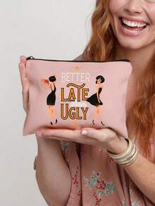 “迟到总比不到好”化妆品和洗漱用品收纳包 - 红色和金色复古少女设计，带有标语，轻便可折叠拉链包，化妆品和洗漱用品收纳包，拉链化妆包，轻便零钱包，洗漱包，储物袋，旅行配件，购物佳品，用途广泛，适合旅行，送给女友、妻子、闺蜜的可爱礼物，情人节和斋月礼物 - 彩色 - 查看 12