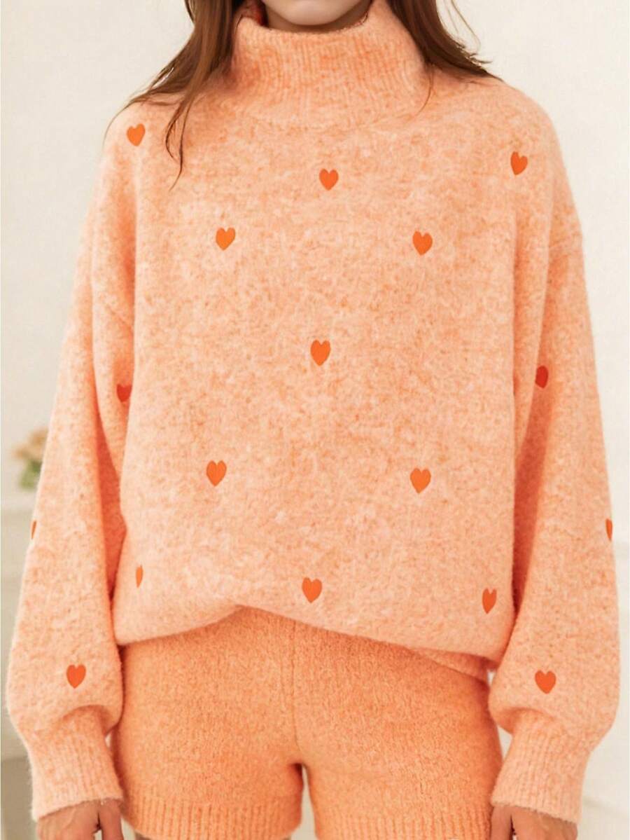 Women's Autumn Loose Sweater Heart Pattern Long Sleeve High Neck Knitwear Pullover - Naranja - Ver 1