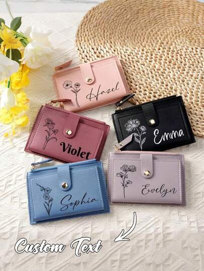 1 pieza Billetera corta personalizada de material de PU con diseño floral de cumpleaños personalizado con nombre, para estudiantes unisex con diseño de cierre simple de botón y cremallera, puede acomodar efectivo, monedas, tarjetas bancarias, etc.