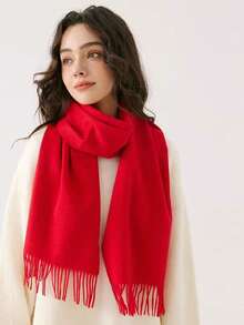 1pc Long Faux Cashmere Solid Color Casual Polyester Scarf, Elegant Twill With Tassels Solid Color Cashmere Scarf For Women, Fashionable Casual Windproof Warm Shawl, Comfortable Blanket Scarf, Suitable For Daily Wear, Valentine's Day Accessory - Burgundy - View 8