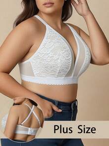 大码女士白色内衣，法式浪漫蕾丝深V性感网纱无钢圈舒适文胸，四季皆宜 - 白色 - 查看 5