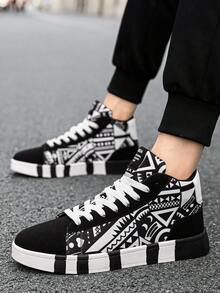 Men's Personalized Black & White Contrast Canvas Geometric Pattern Lace-Up Athletic Running Shoes, Couple Style Fashion All-Over Random Graffiti Print Casual Comfortable Sneakers - White and Black - View 7