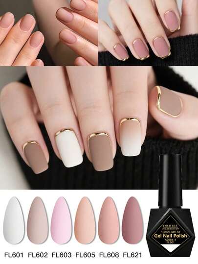  6pcs/Set FOUR LILY 10ml Nude Pink Soak-Off Gel Polish, Suitable For UV/LED Lamp, Matte Finish, Requires Matte Top Coat, For Home Manicure & Salon DIY