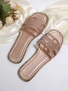 Summer Palace Style Exquisite Gorgeous Rhinestone Strap Flat Sandals, Versatile Fashion Women Shoes, Hurry Up Sisters! - Champagne - View 3