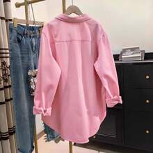 Women's Solid Color Pocket Front Button-Down Casual Shirt Pink Spring - Pink - View 2