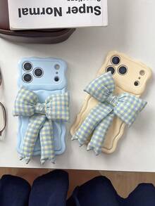 蝴蝶结极简时尚波浪陨石格纹蝴蝶结手机壳，兼容 17/16/15/14/13 - 淺藍色 - 查看 3