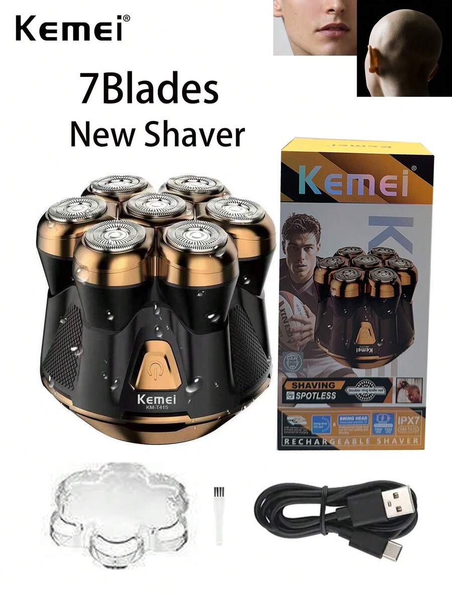 Kemei New Style 7D Floating Shaver For Men, Strong Power Shaving Machine, Type-C Razor, High Quality, Professional Bald Heading Shaving Machine, More Clean Hair Remover For Beard & Bald Head, Soft Skin Beard Shaver KM-T415, New Year Gift For Men, Birthday Gift
